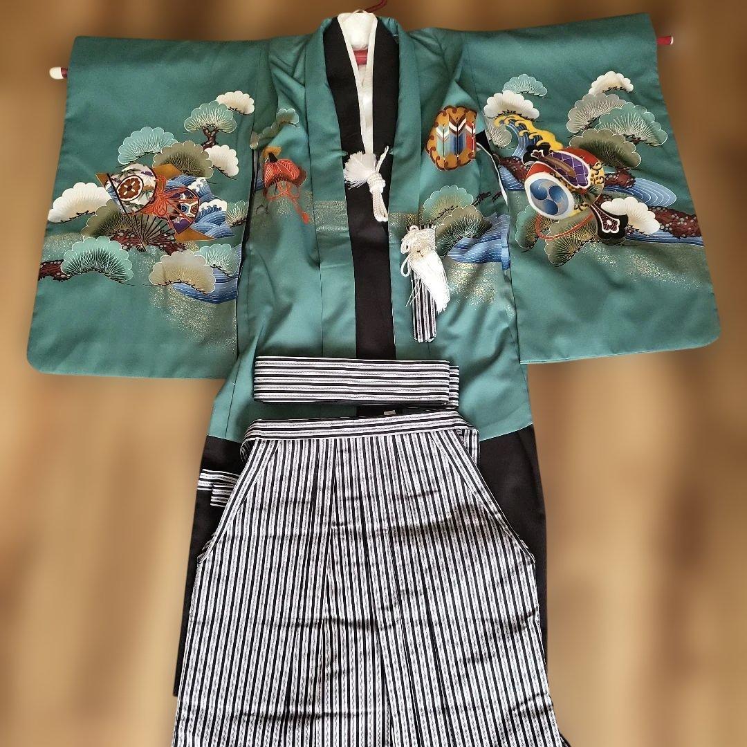 日本製　5歳　七五三用 セット　青緑色の着物