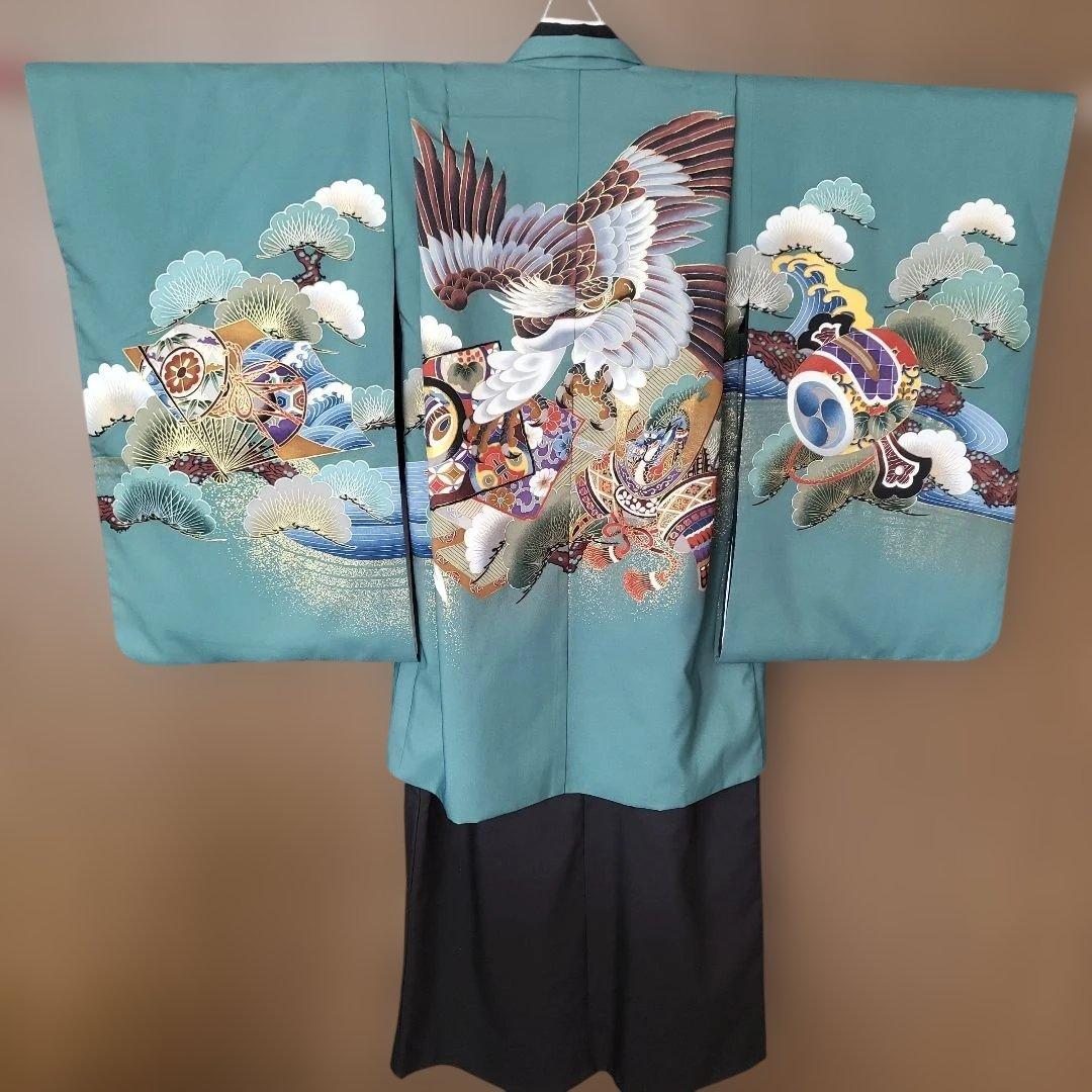 日本製　5歳　七五三用 セット　青緑色の着物