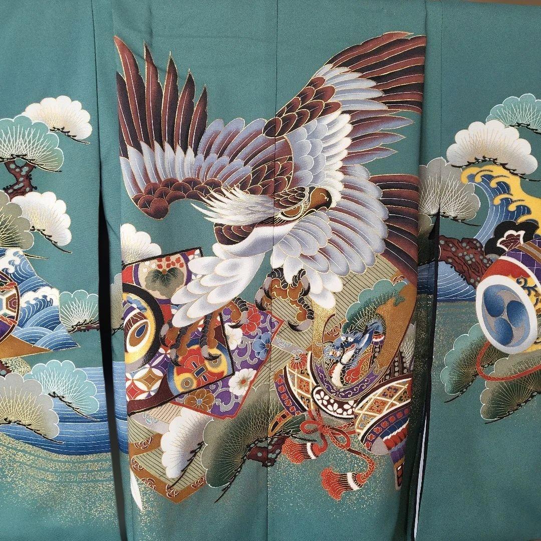 日本製　5歳　七五三用 セット　青緑色の着物