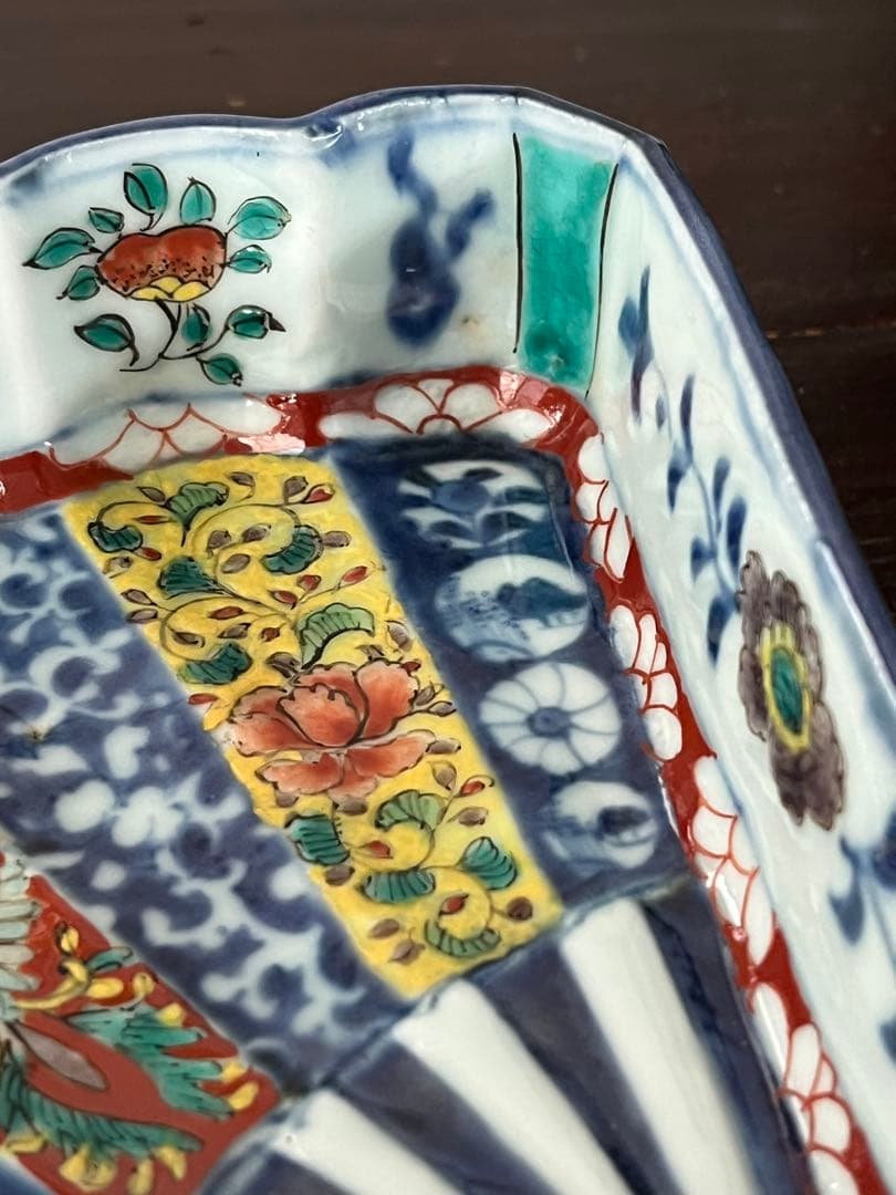 希少注文品　清朝期新渡　扇形足付鉢　五彩粉彩　丸紋唐草牡丹吉祥　変形向付菓子鉢