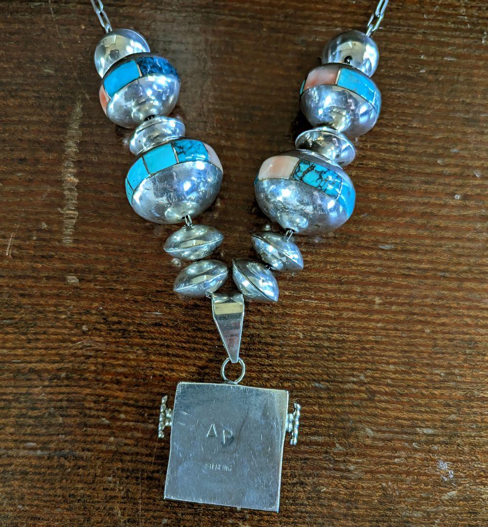 インディアンジュエリー　ズニ族ターコイズ シルバーネックレス