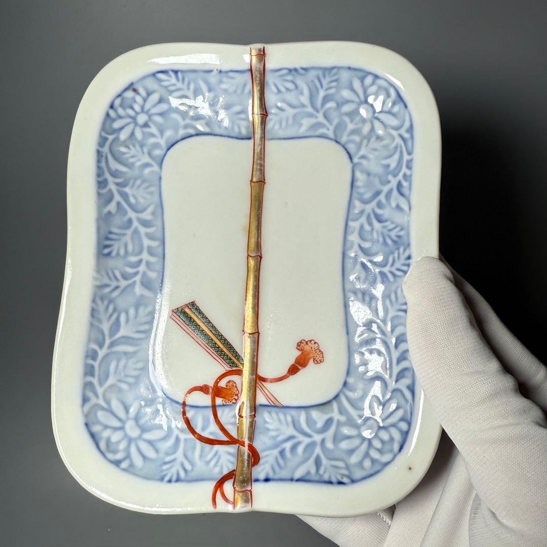 明治時代 有田焼 岩松平吾 色絵軍配形皿 五枚 角岩印 陽刻 珍品 器を