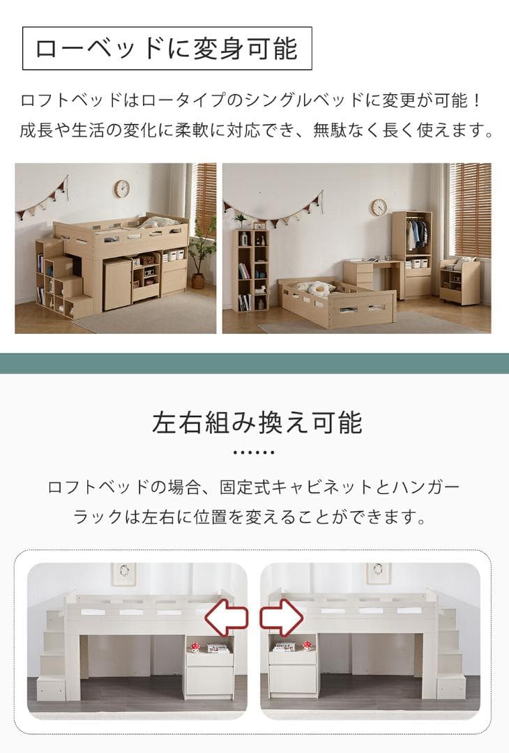 システムベッド　大容量収納・ デスク・本棚付き大人 一人暮らし　WHITE