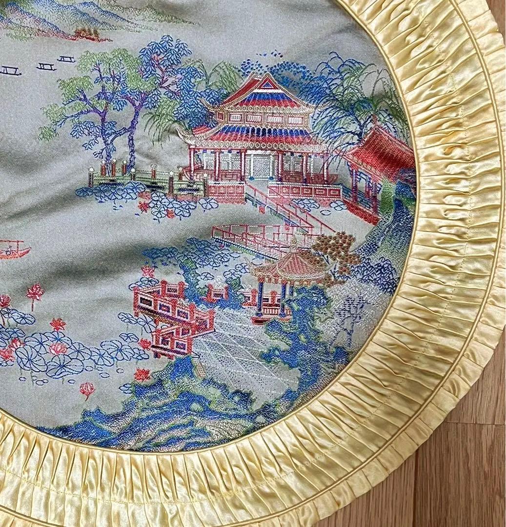 新品❗️レトロ中国シルク丸イエロー刺繍風景画 デザイン クッションカバー8枚セット