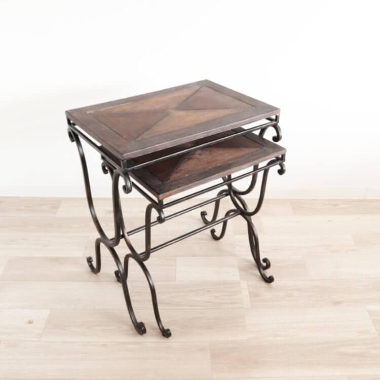 ネストテーブル アンティーク調アイアン×濃淡ウッド