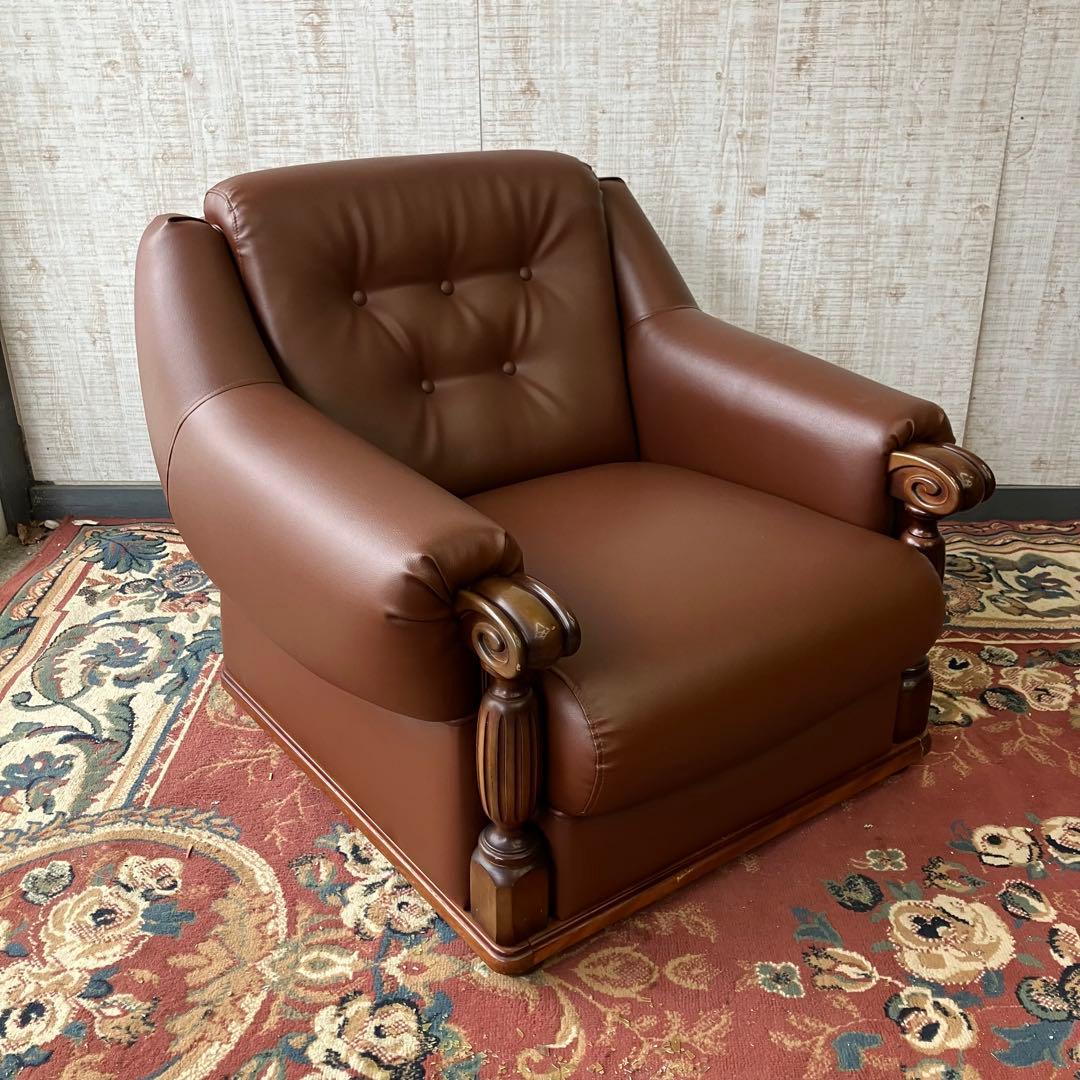 ② 昭和レトロ オールドカリモク レザーソファー 1人掛けソファー ロビーチェア