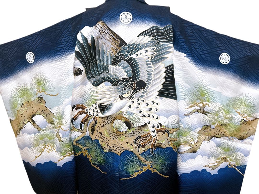 【最高級品】豪華正絹&畳表雪駄　七五三　5歳　男の子　フルセット　一式　紺地　鷹