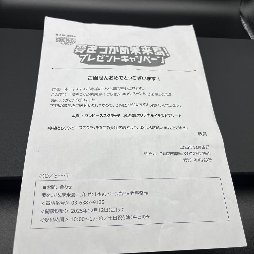 ワンピーススクラッチ 純金製オリジナル イラストプレート 当選品