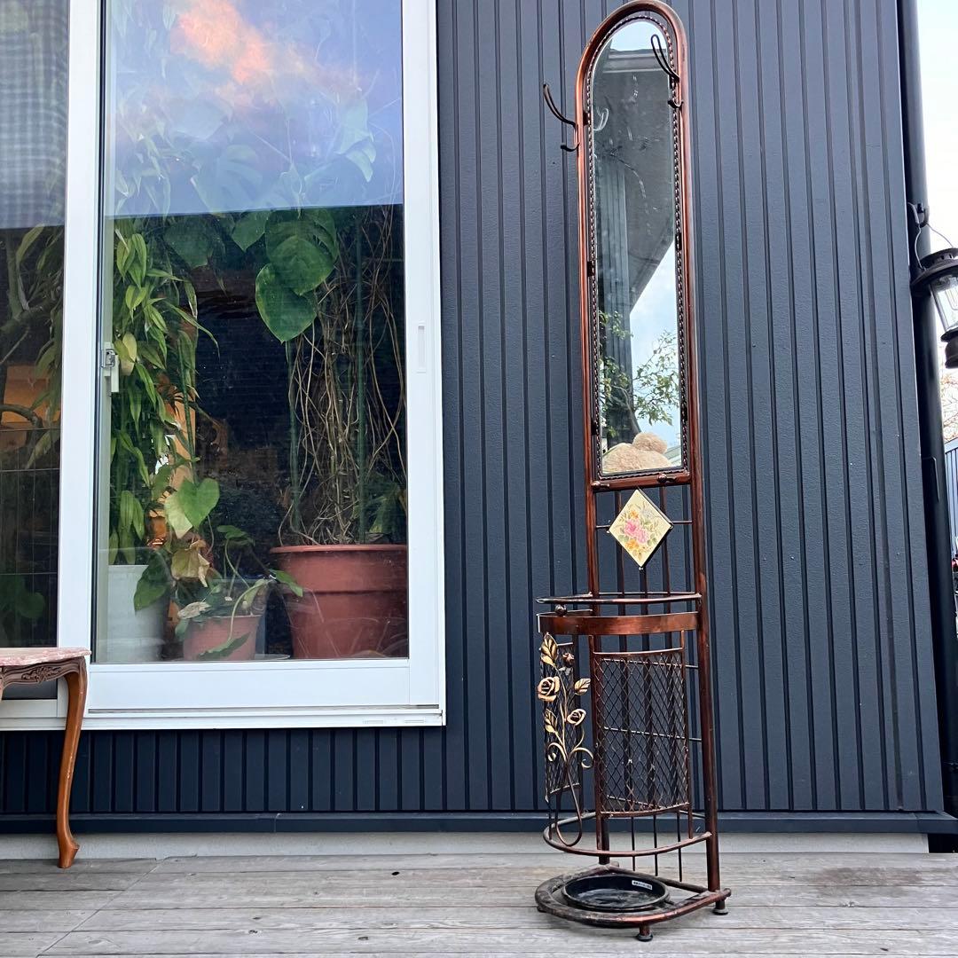 アンティーク 薔薇モチーフ 傘立て付きアイアンスタンドミラー 鏡 バラビンテージ