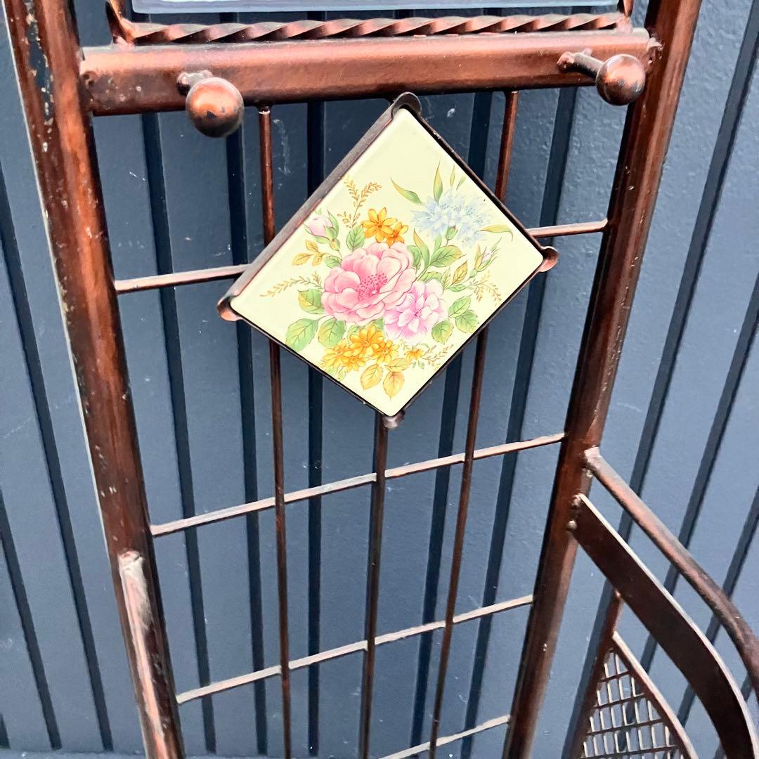 アンティーク 薔薇モチーフ 傘立て付きアイアンスタンドミラー 鏡 バラビンテージ