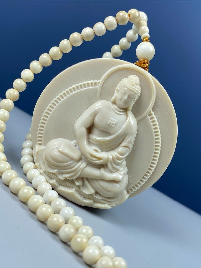 天然マンモス牙美しい手作り彫刻 阿弥陀仏 ペンダント