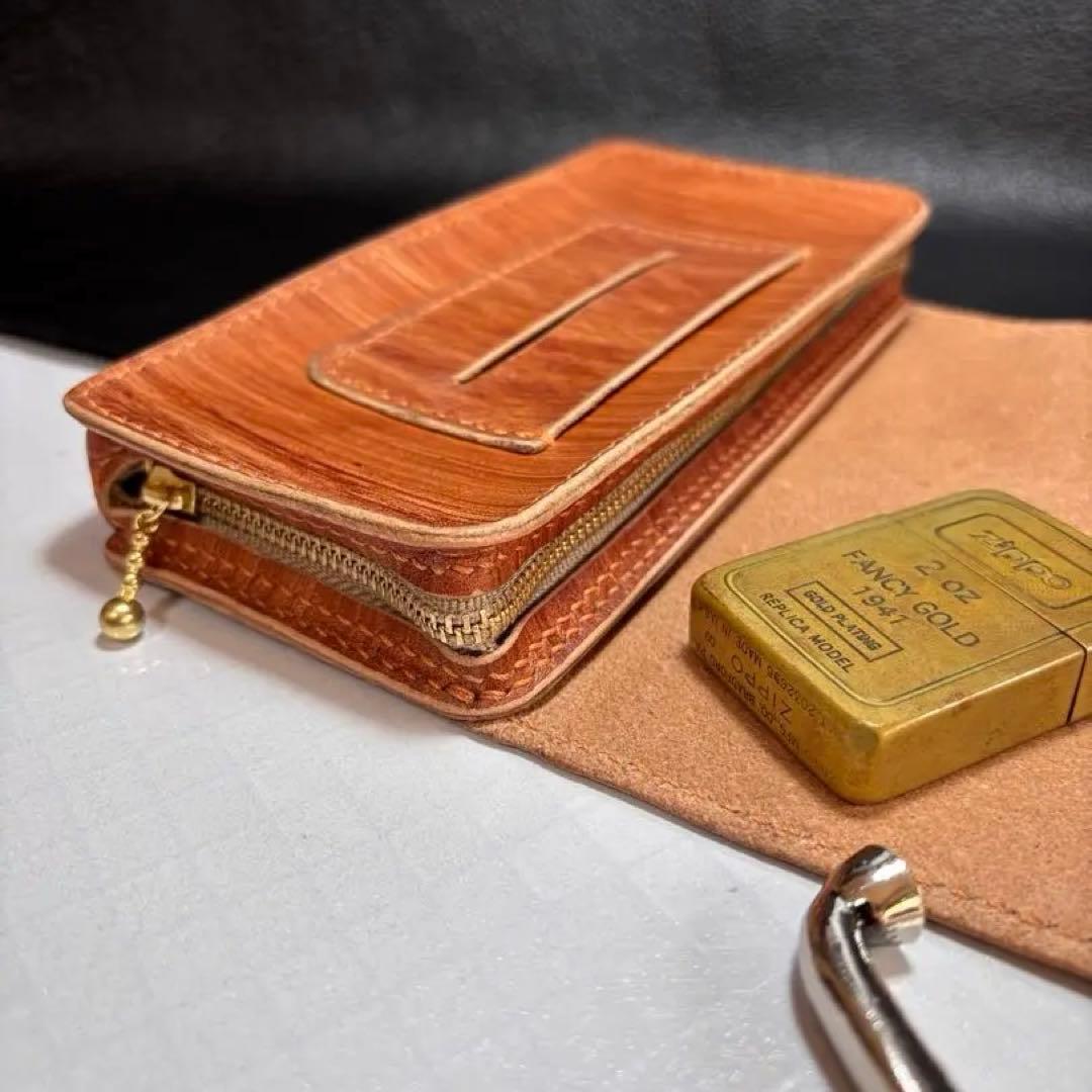 ◎木目の美しい柿渋染め.三つ折りシャグポーチ◎