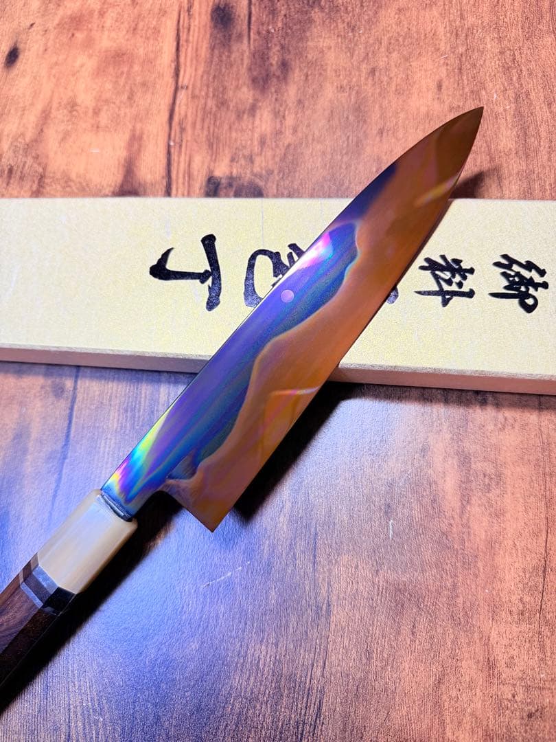 池田美和　和牛刀　白一鋼 水本焼 富士山　褐返し　7寸　包丁　紫檀水牛八角柄