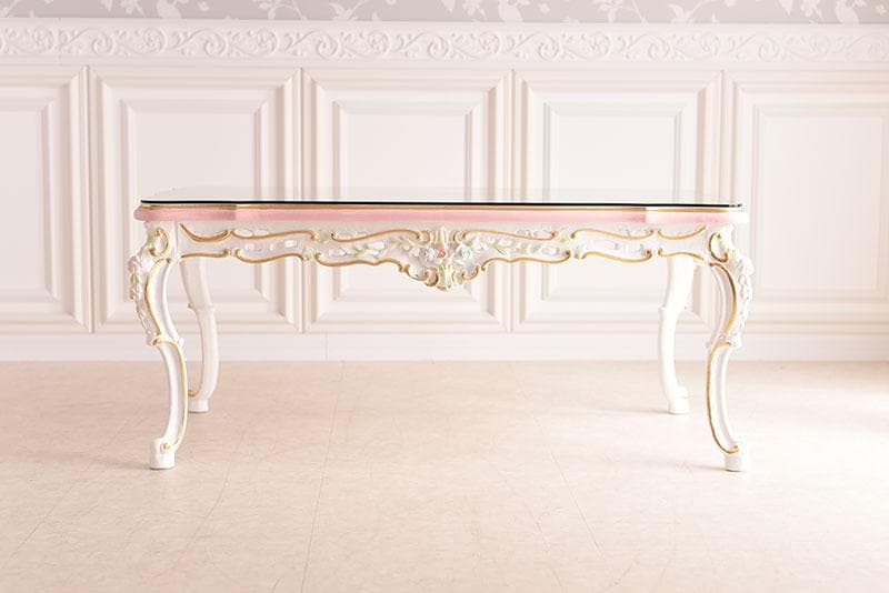 ロココ調 ガラス天板付きテーブル 120