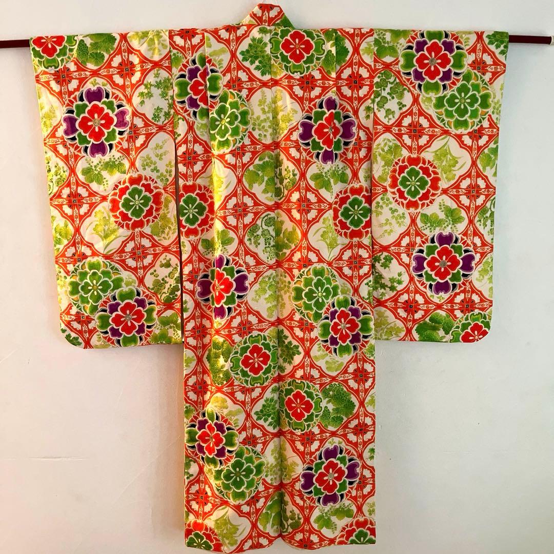 【写真映え◎】豪華正絹 七五三 レトロ花柄着物　長襦袢セット