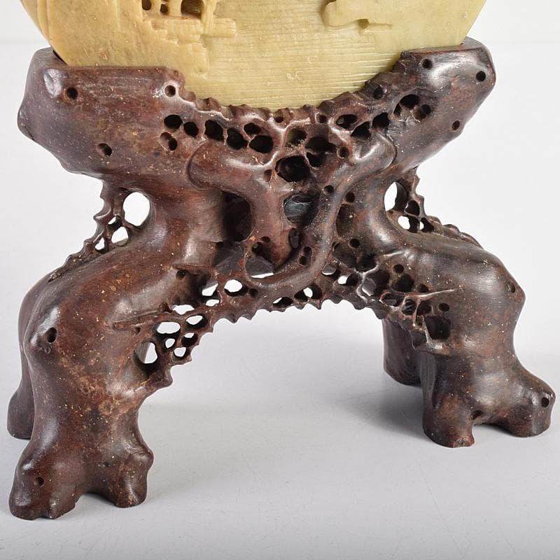 中国　玉石蝋石青田石彫刻　楼閣山水雕　硯屏　置物　V　R8517