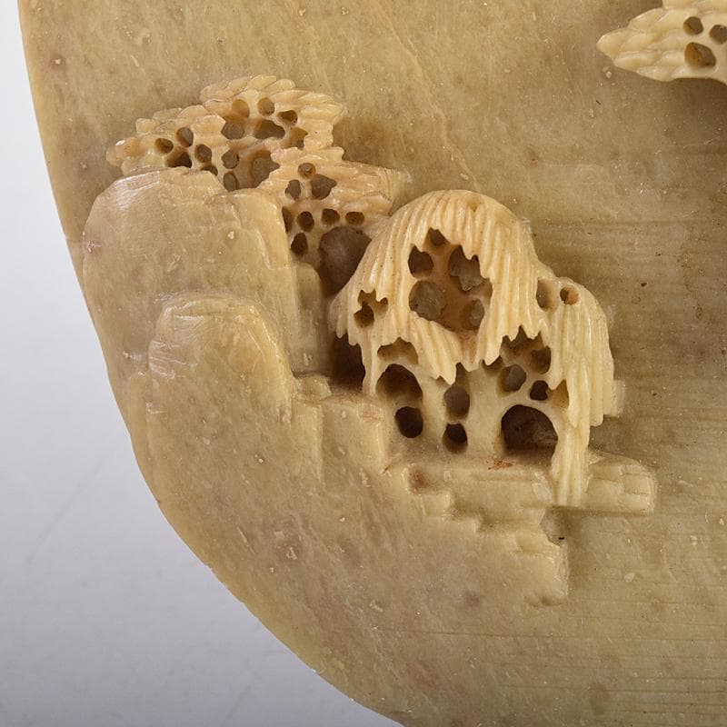 中国　玉石蝋石青田石彫刻　楼閣山水雕　硯屏　置物　V　R8517