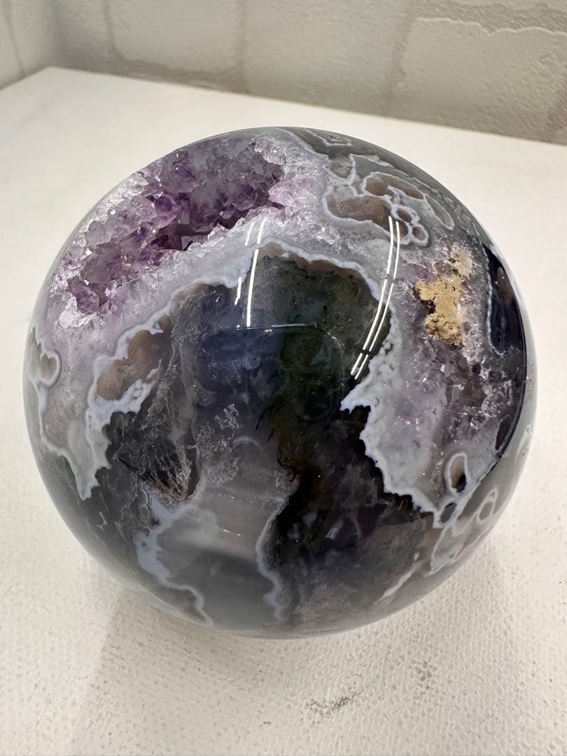 希少　パープルモスアゲート　スフィア　笑口　丸玉