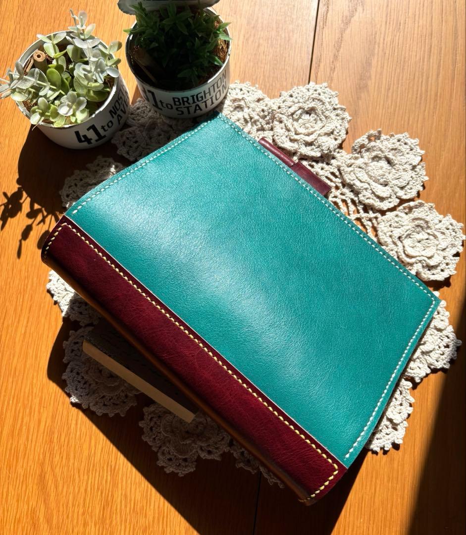 ご確認用　A5 システム手帳　バタフライタイプ　牛革　緑　ヌメ革　レザー　赤茶