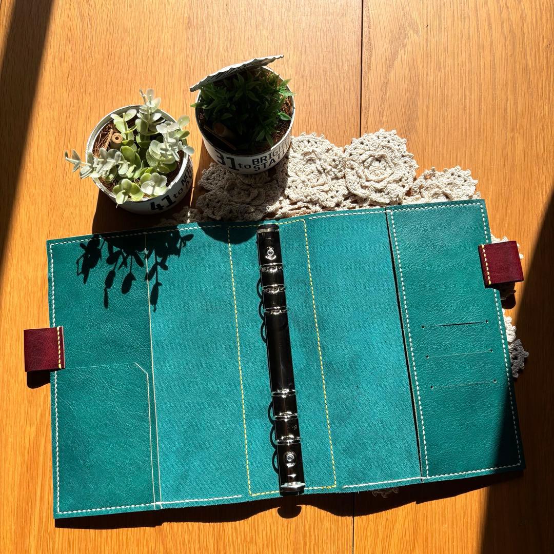 ご確認用　A5 システム手帳　バタフライタイプ　牛革　緑　ヌメ革　レザー　赤茶