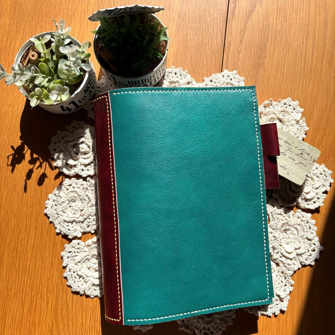 ご確認用　A5 システム手帳　バタフライタイプ　牛革　緑　ヌメ革　レザー　赤茶