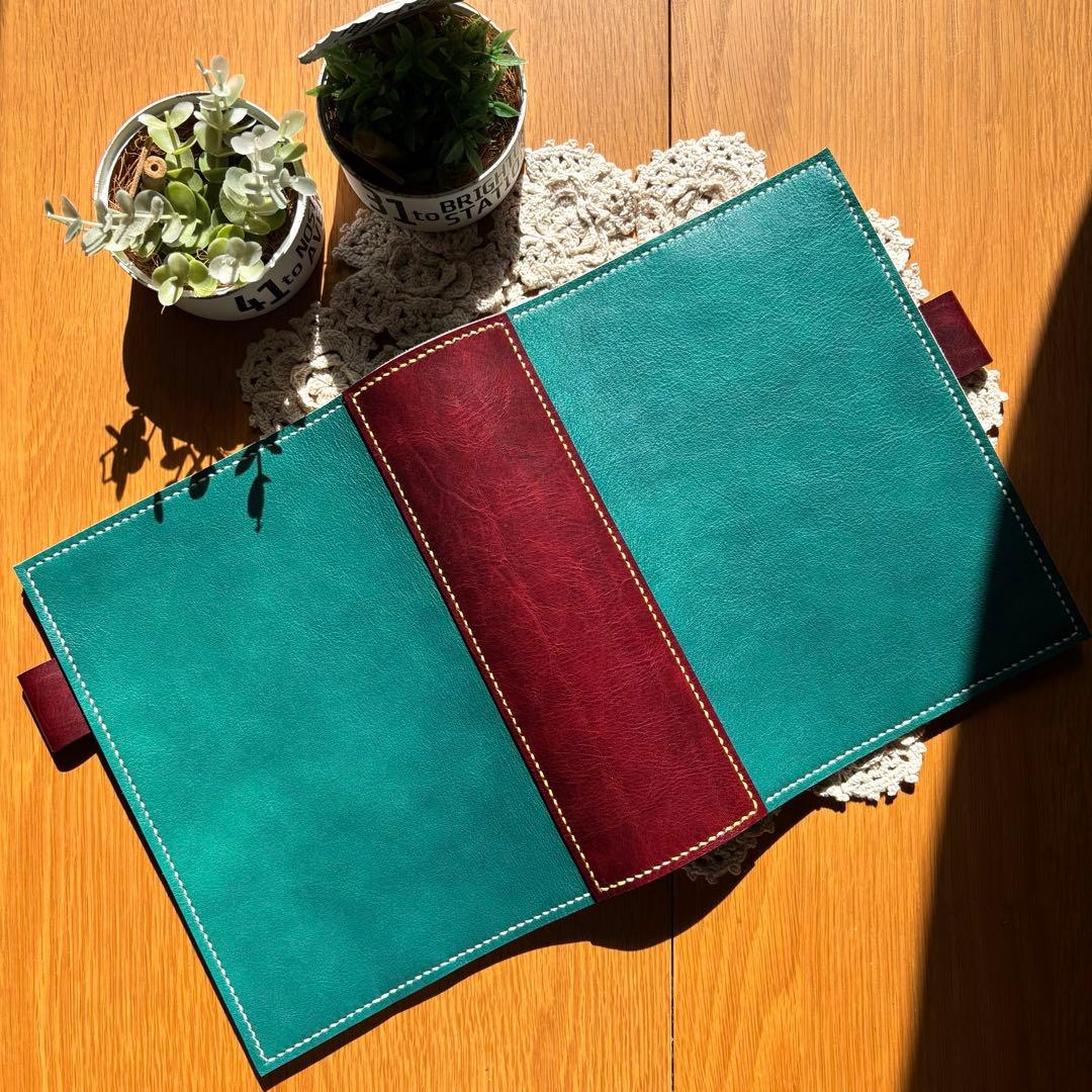 ご確認用　A5 システム手帳　バタフライタイプ　牛革　緑　ヌメ革　レザー　赤茶