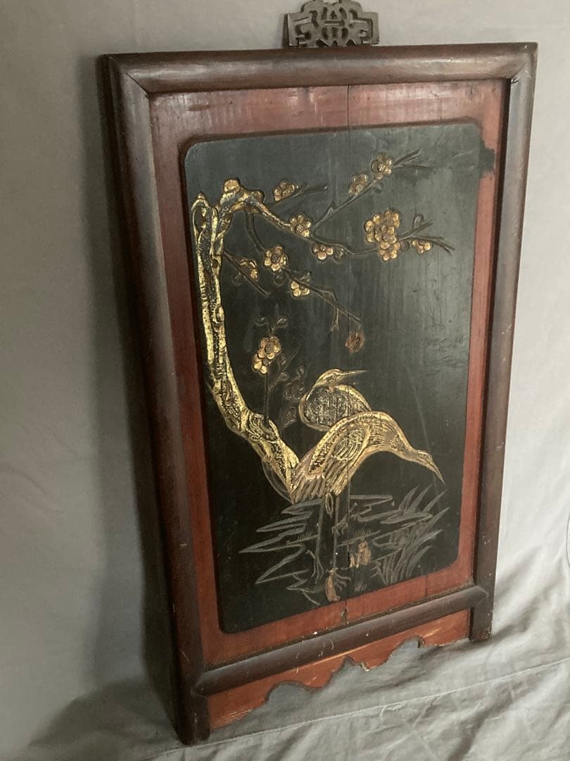李朝 木彫 壁飾り 漆塗花鳥図金彩彫 民画 中国美術 朝鮮美術 時代物