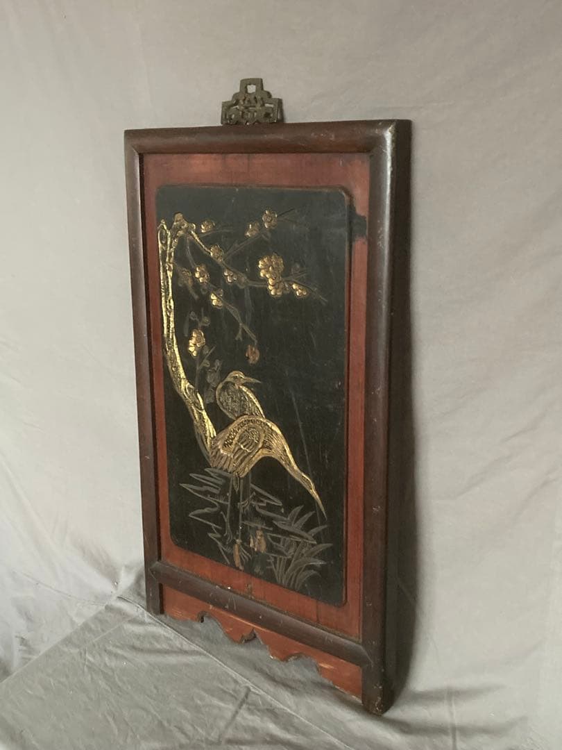 李朝 木彫 壁飾り 漆塗花鳥図金彩彫 民画 中国美術 朝鮮美術 時代物