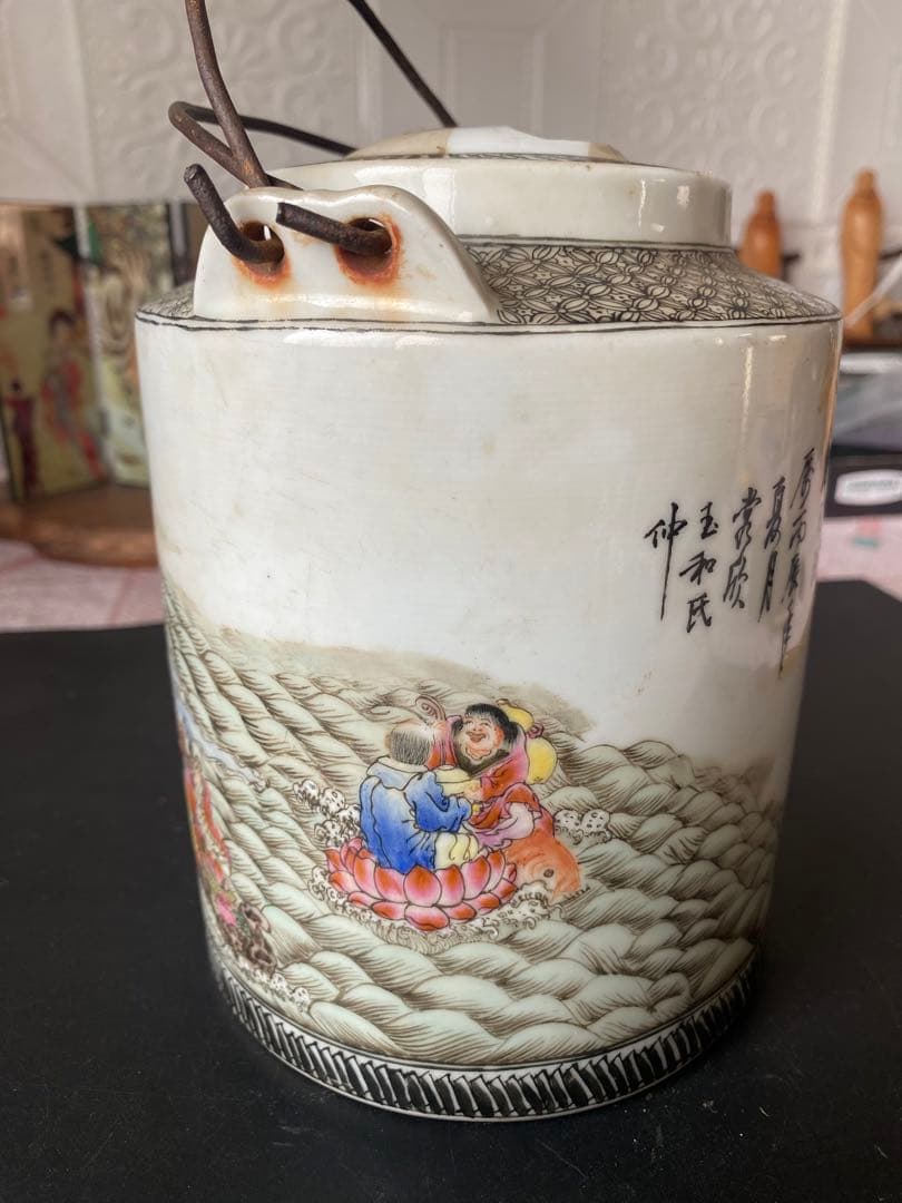 本物 中国古美術 時代物 粉彩 民国 蓋物 茶入 茶道具 中国古玩 骨董品 在