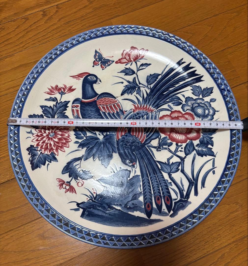 花と孔雀のデザイン 陶器皿 大皿 飾り皿