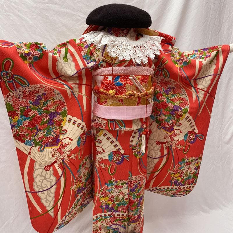 510ag72◎七五三 七歳 女児 アンティーク着物&袋帯 総柄 濃ピンク◎