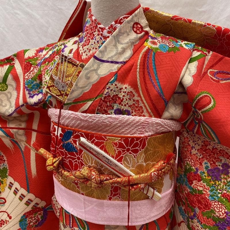 510ag72◎七五三 七歳 女児 アンティーク着物&袋帯 総柄 濃ピンク◎