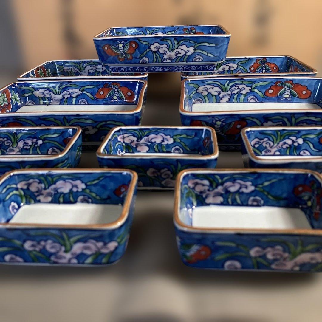 【源右衛門】古伊万里の伝統　日本の名窯　舘林源右衛門作　染錦古代花蝶図　角向付揃