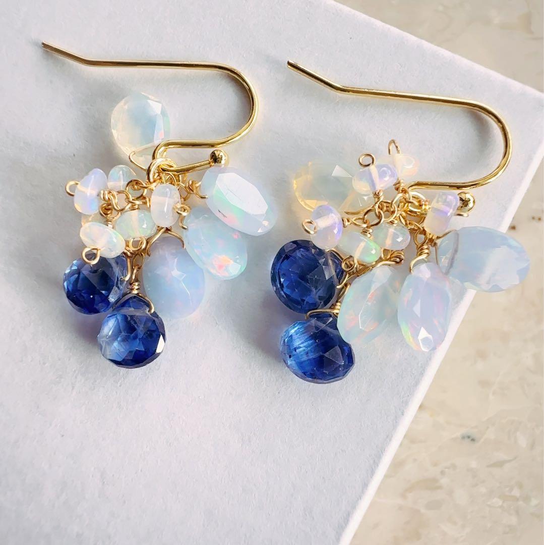 ♢人気♢カラーオパール 宝石質ブルーカイヤナイト 14kgf ピアス/イヤリング