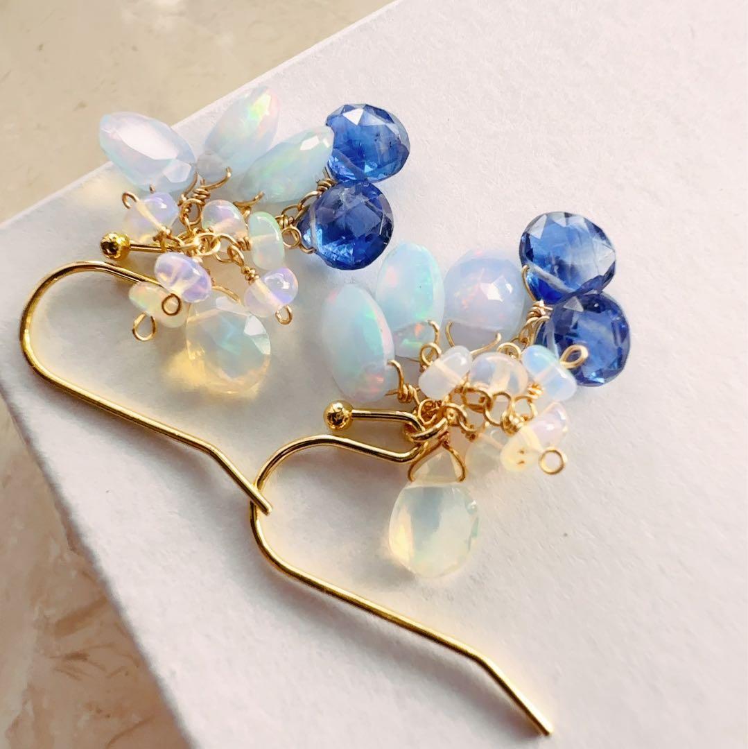 ♢人気♢カラーオパール 宝石質ブルーカイヤナイト 14kgf ピアス/イヤリング