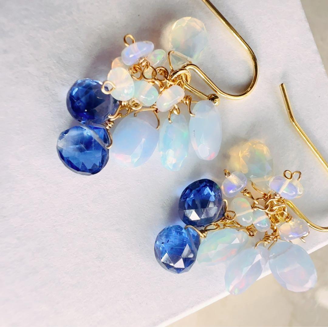 ♢人気♢カラーオパール 宝石質ブルーカイヤナイト 14kgf ピアス/イヤリング
