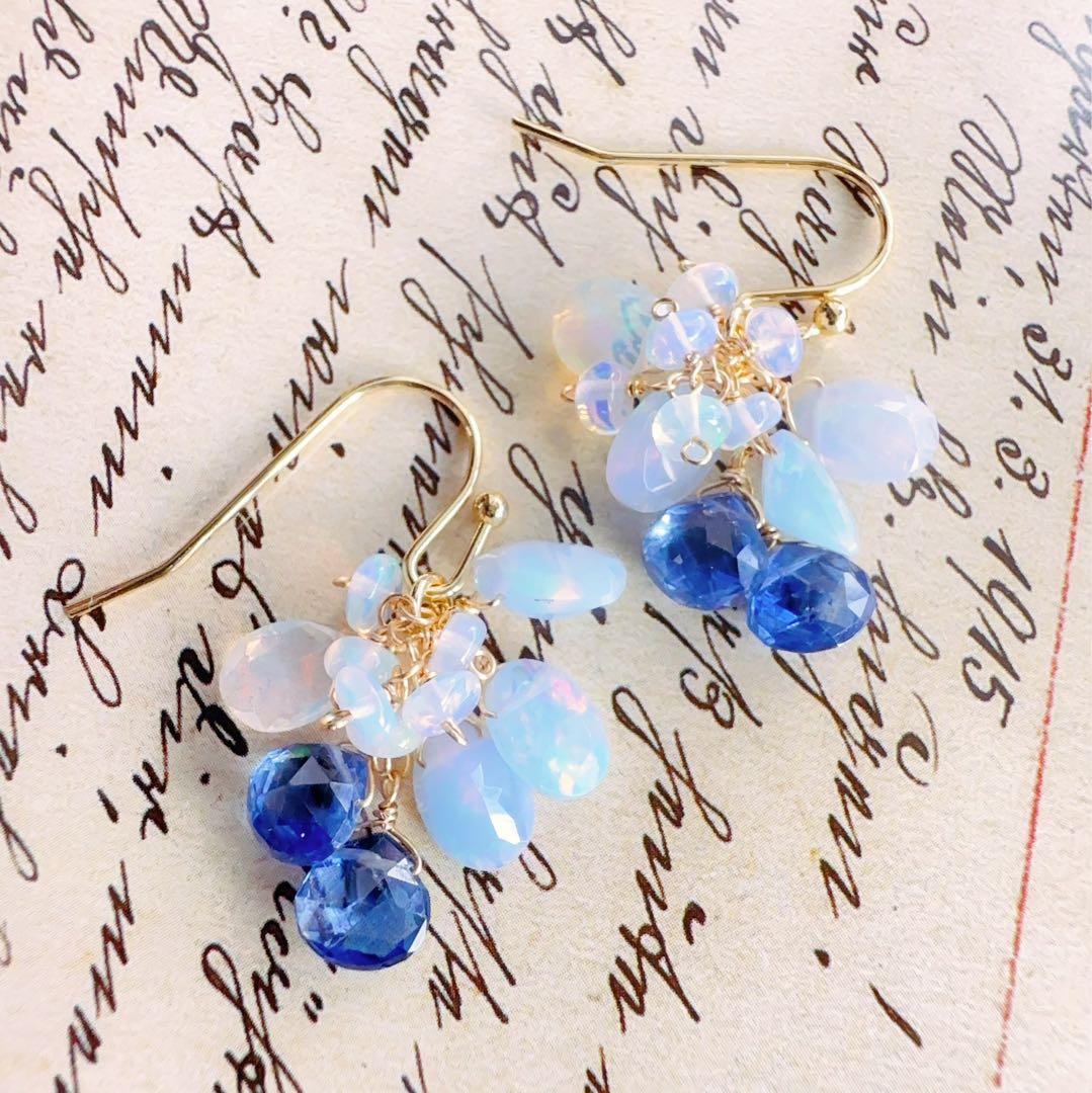 ♢人気♢カラーオパール 宝石質ブルーカイヤナイト 14kgf ピアス/イヤリング