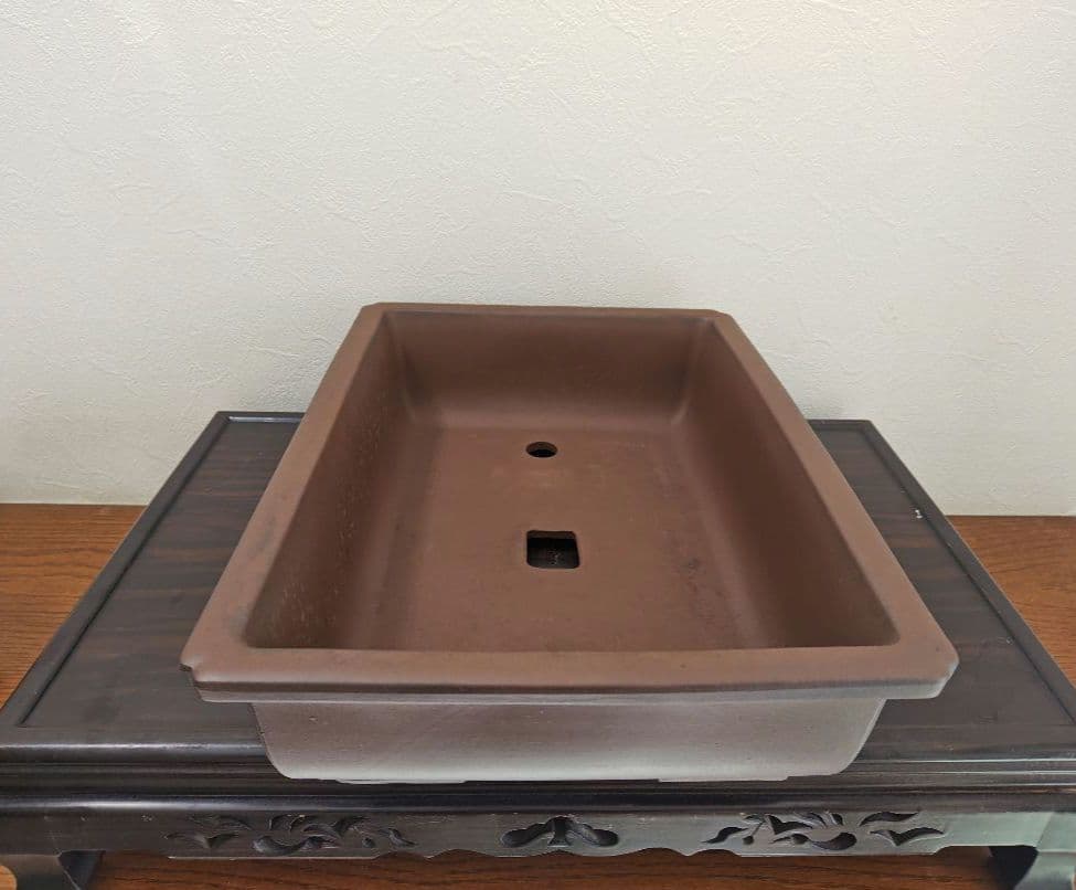 陶器製長方形盆栽鉢 大型　落款　丸四 約45.5cm×32.5cm×11.5cm