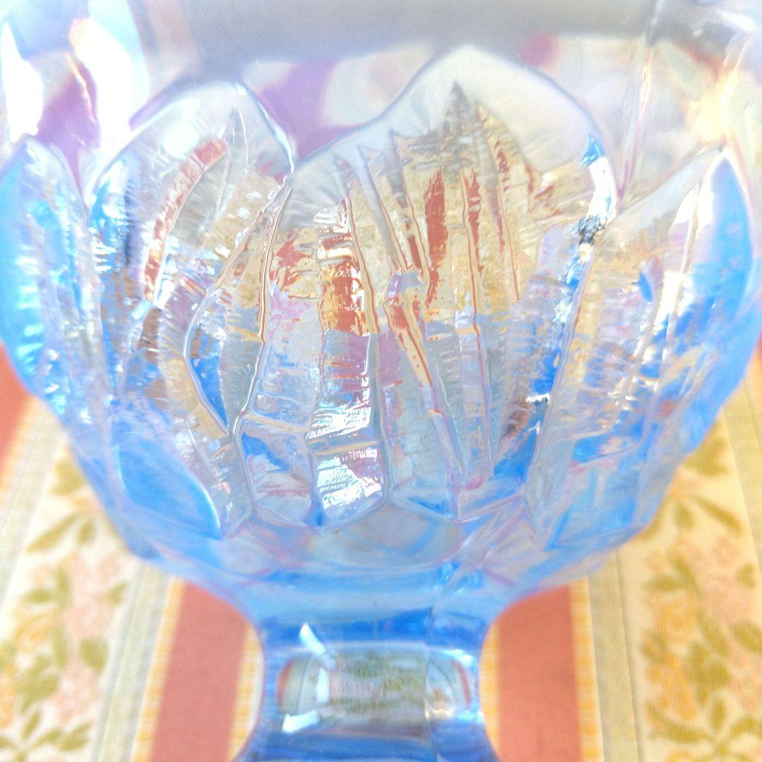 レトロ アンティーク 青色 フラワー型ガラスボウル 氷コップ デザートカップ