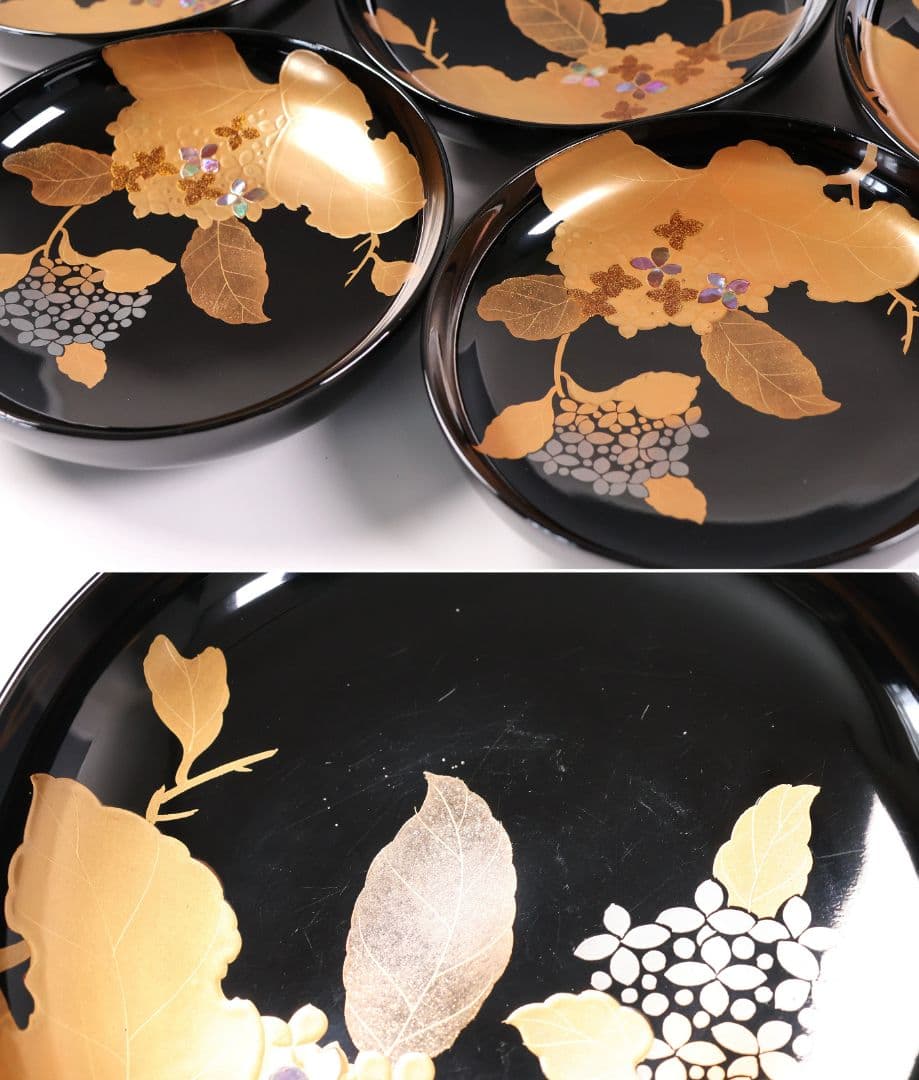 【MB190】天然木漆塗 紫陽花と葵 金蒔絵 螺鈿入 黒塗 煮物椀 五客 昭和期
