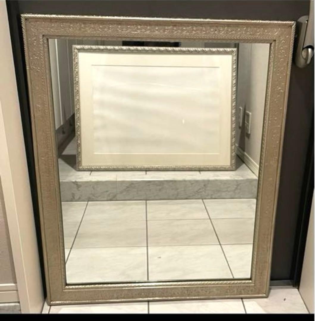 レア　壁掛け鏡 大きめ シルバー　インド　ハンドメイド