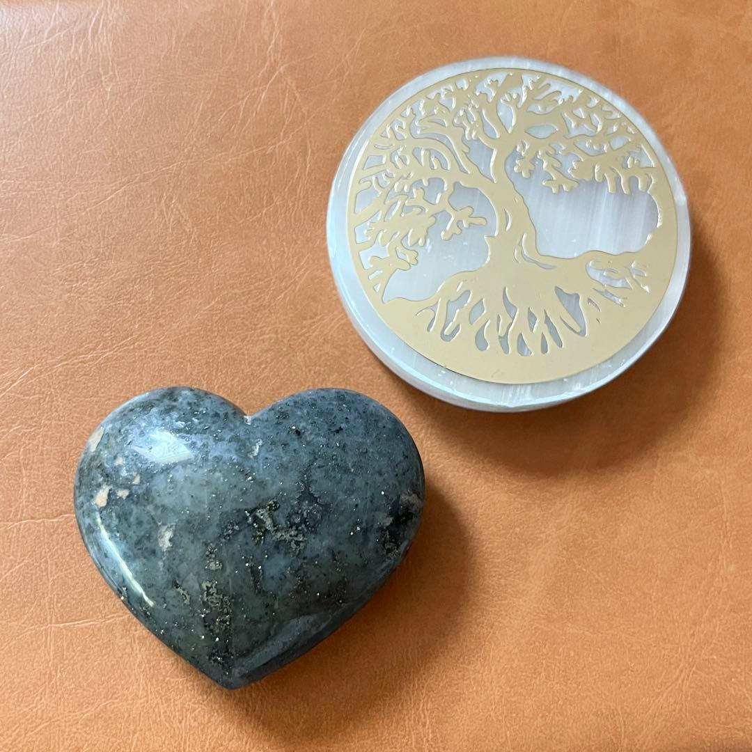マーカサイト&セレナイト 生命の木 集中力と癒し ハート型 天然石 約5cm