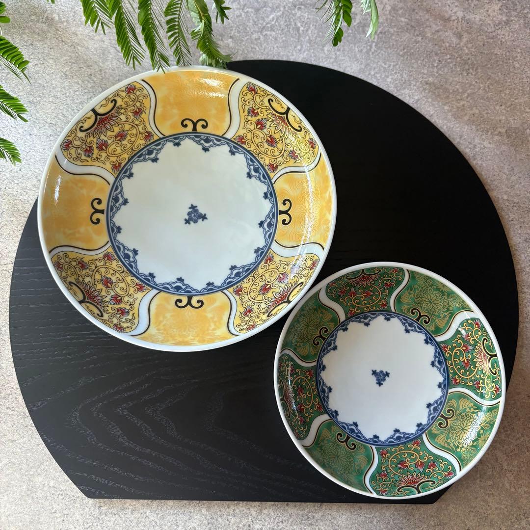 献上古伊万里　大皿　４枚　黄色　プレートL 多用皿　イエロー　金彩　曼荼羅　唐草