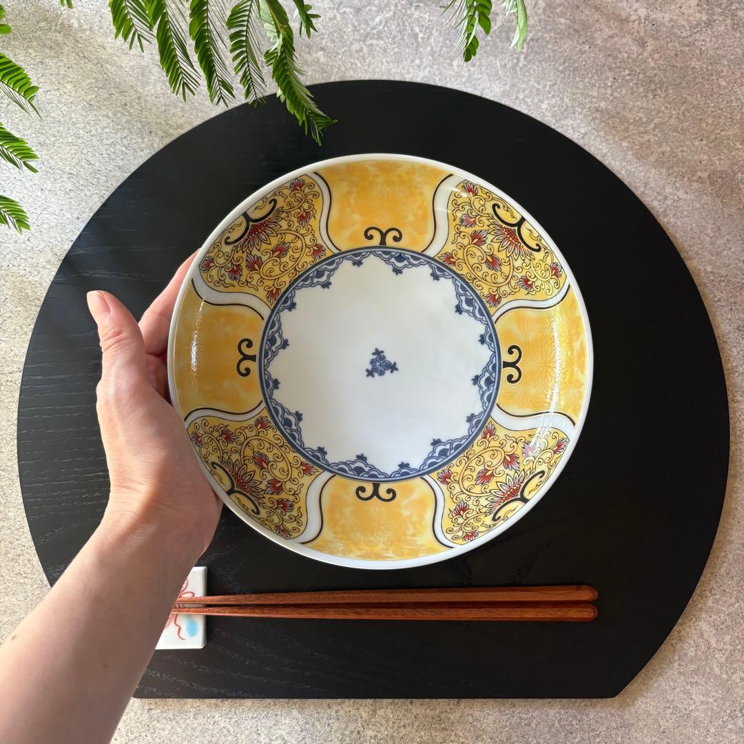 献上古伊万里　大皿　４枚　黄色　プレートL 多用皿　イエロー　金彩　曼荼羅　唐草