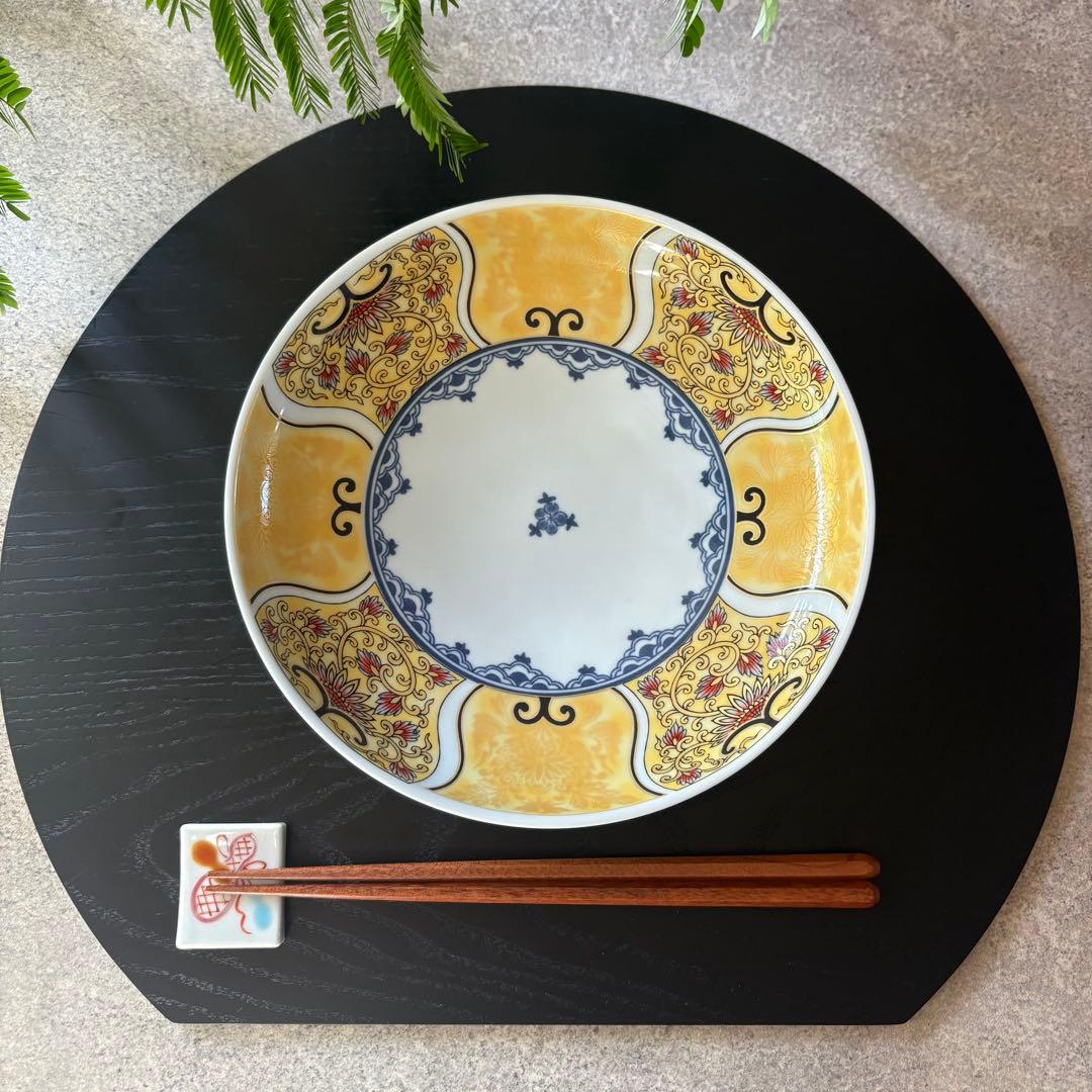 献上古伊万里　大皿　４枚　黄色　プレートL 多用皿　イエロー　金彩　曼荼羅　唐草