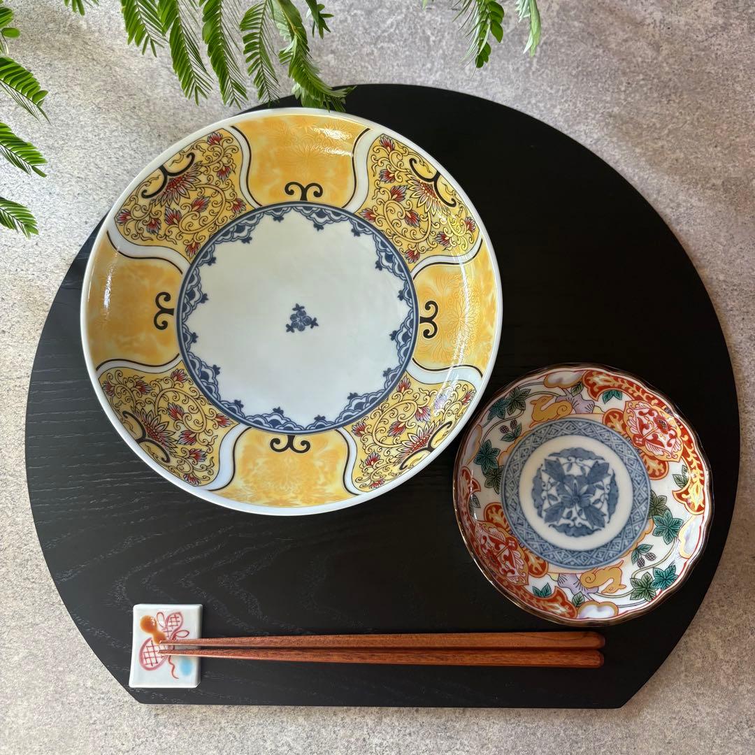 献上古伊万里　大皿　４枚　黄色　プレートL 多用皿　イエロー　金彩　曼荼羅　唐草