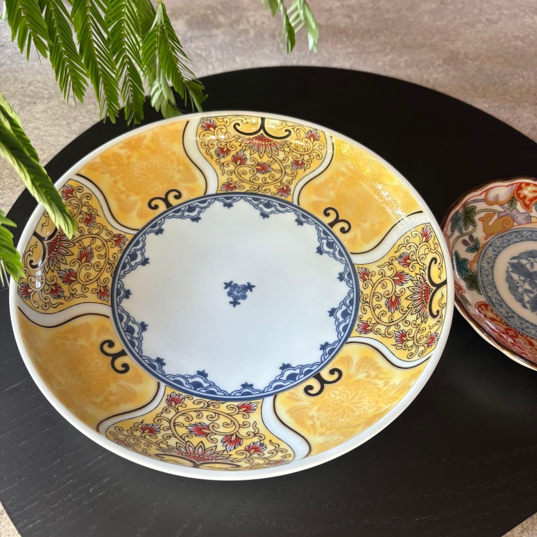 献上古伊万里　大皿　４枚　黄色　プレートL 多用皿　イエロー　金彩　曼荼羅　唐草