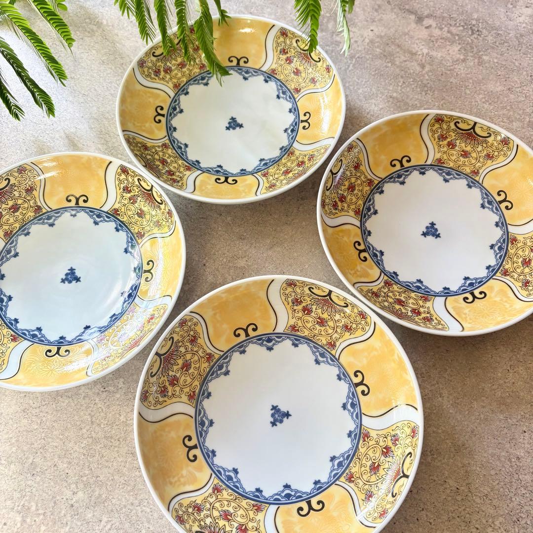 献上古伊万里　大皿　４枚　黄色　プレートL 多用皿　イエロー　金彩　曼荼羅　唐草