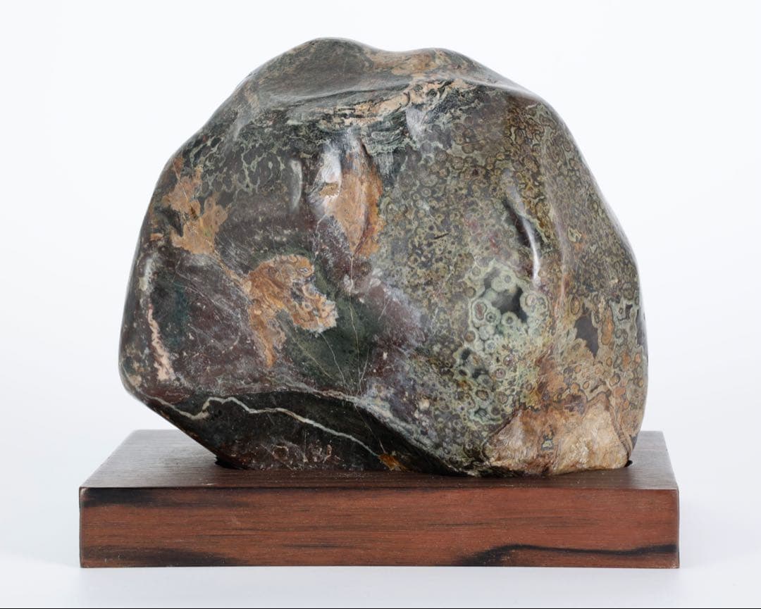 孔雀石 菊花石 梅花石 紋石 桜石 鑑賞石 原石 5.4kg 台座付 水石 盆石