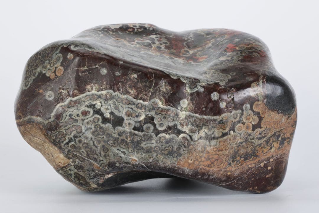 孔雀石 菊花石 梅花石 紋石 桜石 鑑賞石 原石 5.4kg 台座付 水石 盆石